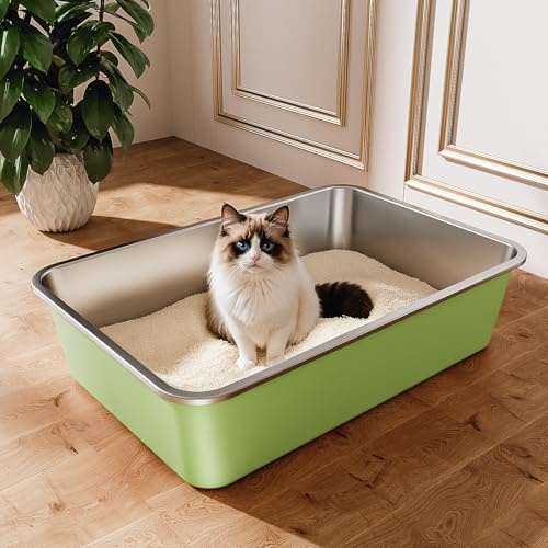 Stainless Steel Cat Litter Tray, Cat Litter Box for Large Small Cats, High Sided Metal Litter Tray, Cats Toilet for Kitten Rabbit and Guinea Pig, Non-Stick, Odor-Free (Green, 23.4L×15.6W×5.9H)