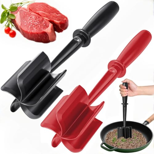 Mince Masher, 2PCS Black & Red Ground Beef Meat Masher with 5-Blade Head, Versatile High-Temp Heat-Resistant Hamburger Meat Chopper, Non-Stick Mince Meat Shredder for Ground Turkey Beef