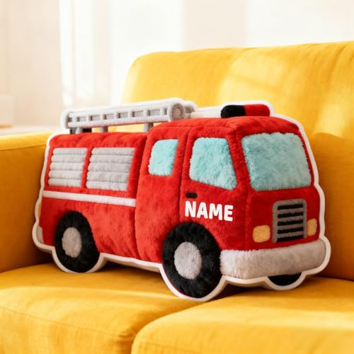 Personalisiertes Kissen in Form eines Feuerwehrauto, Plüschkissen mit individuellem Namen, geeignet für Betten, Sofas, Schlafzimmer und Wohnzimmer Geschenk für Männer, Frauen, Geburtstag, Weihnachten
