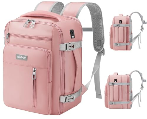 YOKGO Zaino da Viaggio Ryanair 40x30x20 Bagaglio a Mano per Wizzair Vueling | 24-30L Espandibile 40x30x25 Zaini Cabina,Borsa Aereo Porta PC Laptop 15.6 Per Donna,Uomo,Travel Backpack Rosa