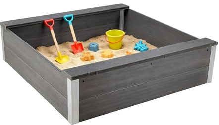 Relaxdays Sandkasten, HxBxT: 32 x 115 x 115 cm, WPC, wetterfest, 2 Sitzflächen, Sandkiste für Garten, Sandbox, anthrazit