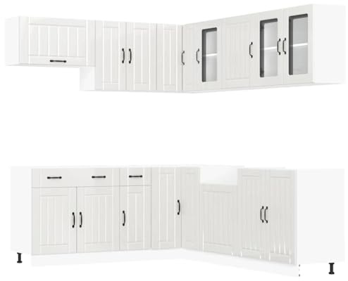 Makastle 11-teiliges Küchenschrank-Set Hochglanz-Weiß, Holzwerkstoff und Glas, Lucca Serie, mit Eckschrank und Hängeschränken, Feuchtigkeitsbeständig