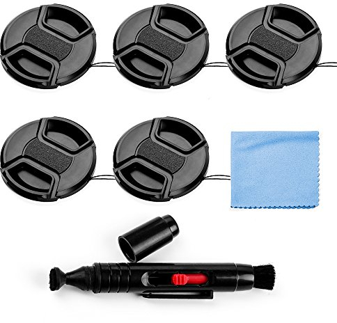 Fotover 43mm Lens Cap Bundle, 5 Pack Universal Snap on Front Centre Pinch Lens Cover Set with Microfiber Lens Cleaning Cloth for Canon Nikon Sony Olympus DSLR Camera + Camera Lens Cleaning Pen