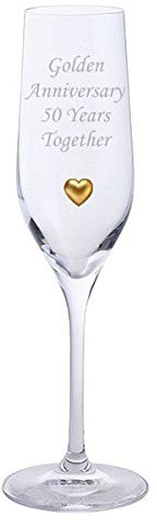 Dartington 2 Golden Anniversary 50 Years Together Pair of Champagne Flutes Glasses with Golden Heart Gem