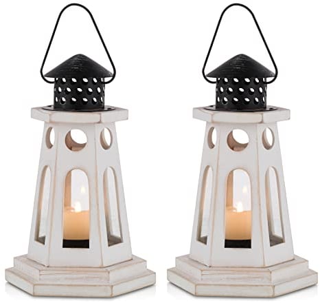 Sziqiqi Laterne Kerzenhalter Vintage Windlicht Laterne Leuchtturm für Teelicht Holz Metall Dekorative Windlichthalter für Draußen Rustikale Weihnachtstisch Herzstück Hängende Laterne 22cm 2 Stücke