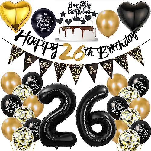 26 Geburtstag Deko Mann Frauen, Luftballon 26. Gold Schwarz Geburtstagsdeko 26 Jahre, Ballon Schwarz Gold Deko 26. Gold Schwarz 26 Jahr Geburtstagdeko