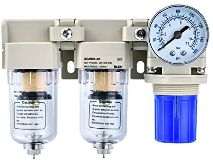 BLCH 1/4 Zoll NPT Luftkompressor Trockner – Doppel-Luftkompressor Filter Luftkompressor Regler AC2000-02 Manueller Ablauf Poly Bowl Gauge 0-160 PSI 5μm Messing