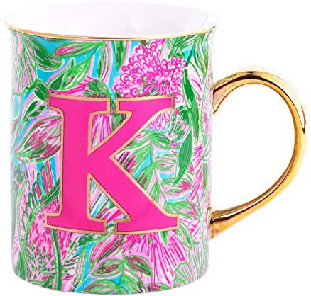 Lilly Pulitzer Initial Ceramic Coffee Mug, 14 Oz Tea Cup, Cute Mug with Gold Handle and Gift Box, K (Coming In Hot)