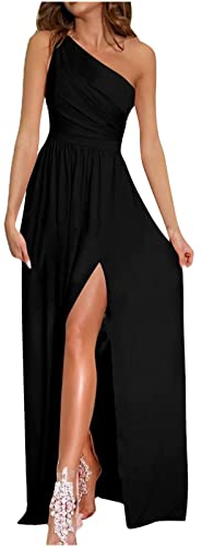 Abendkleid Damen Sexy One Shoulder Partykleid Temperament Einfarbiges Bodenlanges Maxi Langes Kleid Elegantes Modisches Cocktailkleid Ballkleid mit hohem Schlitz Swingkleid mit Empire Taille