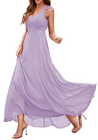 Abiti da Damigella d'onore Chiffon Pizzo Applique Profondo Scollo A V Piano Lunghezza Scorre Cameriera D'Onore Abiti con Tasche Fessura, Lilla, 42