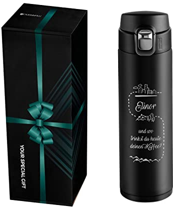 Maverton Thermobecher Kaffeebecher mit Gravur 400 ml - Trinkflasche Edelstahl - auslaufsicher - 100% dicht - Easy-Clean-Deckel - für Frauen zum Geburtstag - schwarz - unterwegs