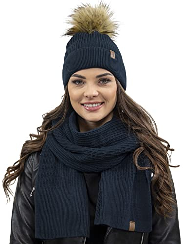 VIVISENCE Elegantes Damen Winter Set Aus Mütze Und Schal Mit Bommel Aus Warmem Garn Für Frauen Antistatische Perfekte Passform Für Elegante Und Sportliche Outfits, Dunkelblau,Einheitsgröße