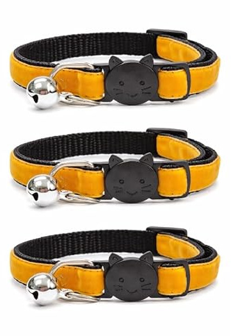 Velvet Cat Collars with Bell. Safe Breakaway Quick Release Buckle. Available in Cat & Kitten Size (Pack of 3) (Cat Collar (20cm - 30cm), Gold Velvet (Pack of 3))