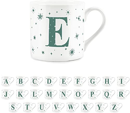 Purely Home Letter E Star Mug - Bone China White Coffee/Tea Present Gift - Alphabet Letter Mug with Stars in Teal Green Blue