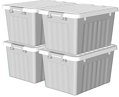 Cetomo 15L*4 Cajas de Almacenamiento con Tapas, Contenedores de Plástico con Broches de Enganche, Clip On, Apilables, Encajables, Organizador Rayado para Ropa Juguetes Armario, Gris, 15L-4 Pack