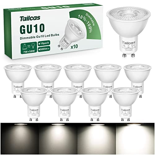 Tailcas Dimmbare Leuchtmittel GU10, LED 7 W, entspricht Halogen-Spots, 50 W, Kaltweiß 6000 K, 500 lm, AC 220 – 240 V, LED-Spot dimmbar 38 ° Abstrahlwinkel, 10 Stück