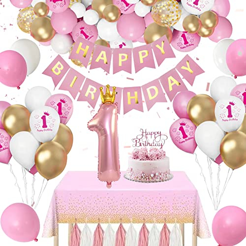 Decoration Anniversaire Fille, Ballon Anniversaire Rose, Happy Birthday Bannière Confettis Latex Nappe pour Fille Décoration Baby Shower