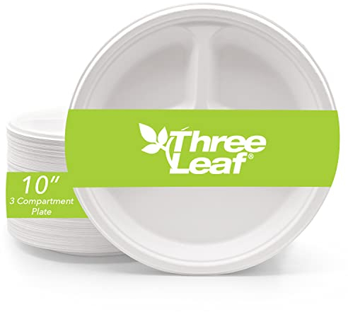 three leaf Assiettes rondes Bagasse 25,4 cm, 3 compartiments, 25,4 cm, très résistantes, naturelles, respectueuses de l'environnement, 100 % biodégradables, assiettes à 3 compartiments