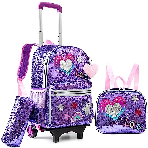 HTgroce Lila Liebe Trolley Rucksack mit Rollen, Federmäppchen, Lunch Tasche 3 in 1 Pailletten Rolling Schulranzen für Mädchen, Schultaschen-Sets Ideal für Kinder Schüler der Klassen 2-6