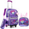 HTgroce Lila Liebe Trolley Rucksack mit Rollen, Federmäppchen, Lunch Tasche 3 in 1 Pailletten Rolling Schulranzen für Mädchen, Schultaschen-Sets Ideal für Kinder Schüler der Klassen 2-6