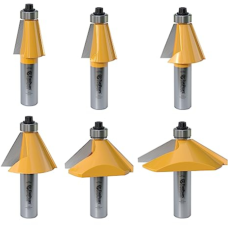 FivePears 6-teiliges Fasenfräsen-Set, 1/2 Zoll Schaft, Kantenformung, Schräghartmetallbestückter Fräsbohrer mit Lager, Gehrungswinkelfräser, einschließlich 11,25, 15, 22,5, 30, 45, 60 Grad