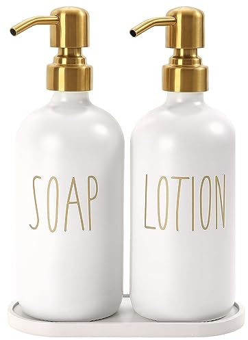 MOMEEMO Bathroom Soap Dispenser Set, Glass Soap Dispenser with Stainless Steel Pump, Contains Lotion Dispenser, Hand Soap Dispenser & Tray Suitable for Bathroom Decor Sets. (White)