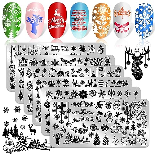 JSRQT 6 Stück Weihnachten Nail Art Stempel Platten, Nail Stamping Plates Set, Nail Art Schablonen Muster, Schneeflocke Weihnachtsbaum Weihnachtsmütze Elch Design für Frauen DIY-Kunst-Maniküre