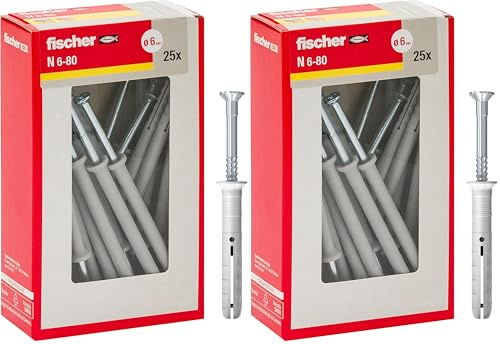 Fischer 508275 Tasselli prolungati a Battere N 6x80 Y, Fissaggio a percussione con chiodo premontato per Pieno, semipieno e calcestruzzo, 25 Pezzi per Confezione, Grigio, 6X80 MM (Confezione da 2)