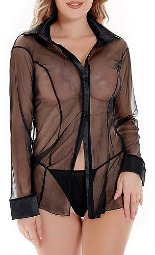 GEPAS Charmnight Sexy Lingerie for Women Sheer Blouse Long Sleeve Top Black-2XL