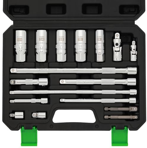 TecoTek 17-Pieces Drive Tool Accessory Set, Spark Plug Socket Set, Includes 1/4 & 3/8” Drive Extension Bar, Socket Adapter, Universal Joints, Spark Plug Sockets, Professional Socket Accessories, Cr-V