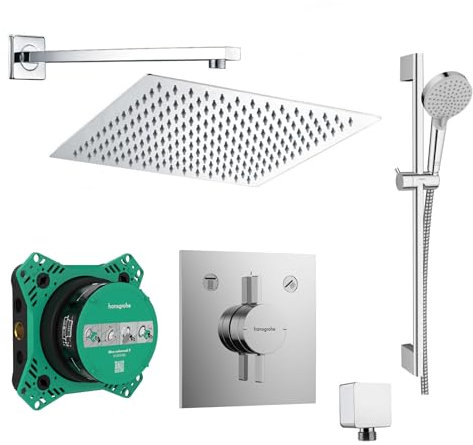 vanvilla Duschsystem mit Unterputz Duscharmatur von Hansgrohe Duo Turn E und vanvilla Regendusche mit Armatur, Duschkopf eckig, Dusch-SET HG211 poliert
