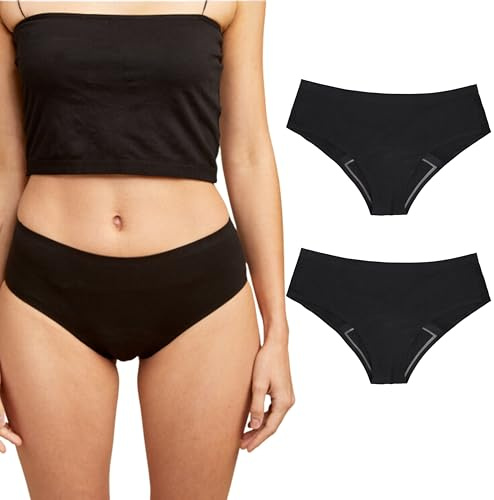 dais Perioden Unterwäsche 2er Set (Hipster) • Nahtlose Menstruationsunterwäsche • Periodenslip saugstark & waschbar • Auslaufsichere Unterhose Damen • Bio-Baumwolle (Schwarz, S)