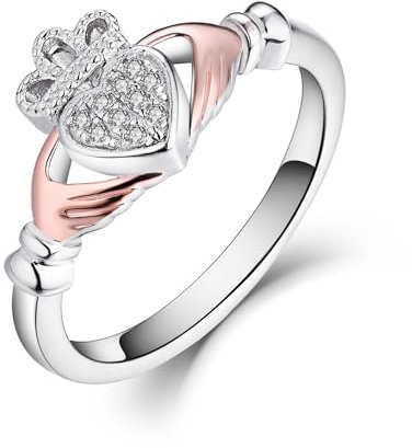 Old English Jewellers 925 Sterling Silver & Rose Gold CZ Claddagh Irish Celtic Ring size J K L M N O P Q R S - Love Loyalty & Friendship (O)