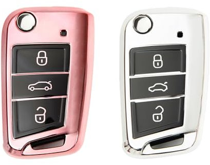 2 Stück Autoschlüssel Hülle, Schlüsselbox ,Autoschlüssel Schutzhülle kompatibel mit VW Golf 7、Polo、Tiguan、Skoda 3-Tasten Schlüsselhülle (Roségold + Silber)
