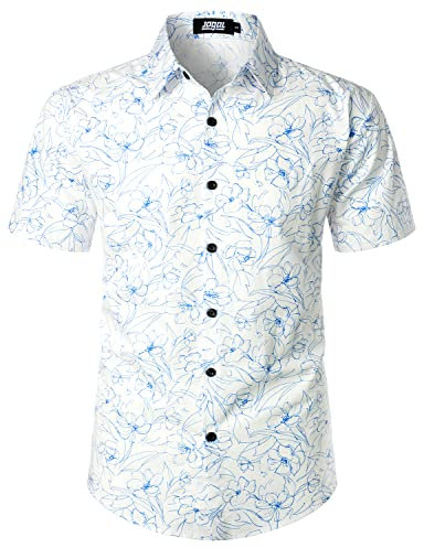JOGAL Mens Flowers Hawaiian Shirts Short Sleeve Casual Button Down Beach Shirt Medium White Blue
