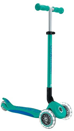 GLOBBER Primo Foldable Plus Lights Roller – Tretroller Kinder ab 3 Jahre - Scooter 120/80 mm - ABEC 5, 3-rädrig mit LED Rollen – höhenverstellbar – türkis-dunkelblau