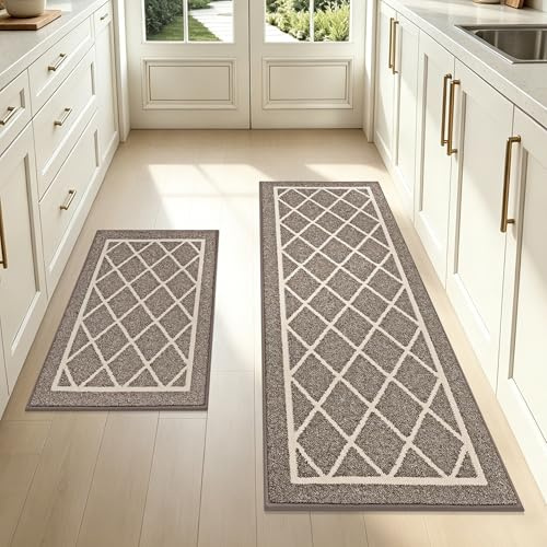 BEQHAUSE Kitchen Rugs, Non-Slip, Machine Washable, 50x76cm+50x122cm, Brown | Kitchen Mat Stain Resistant, Dirt Trapping, Polyester, For Comfort Standing In Office/Kitchen/Laundry Room etc, Pet Friendly