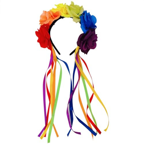 Rainbow Flower Headband Rose Ribbon Hairband LGBTQ Head Band Pride Flower Crown Halloween Floral Hair Band Gay Floral Hair Accessories for Parade Party