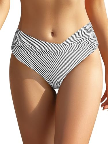 SHEKINI Bas de bikini rétro froncé pour femme - Coupe ventre plat - Classique - Noir - Maillot de bain slip de plage - Grandes tailles, rayures, M