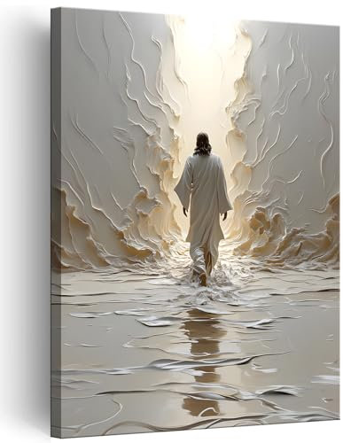 FYARTKJ Kunstdruck auf Leinwand, Motiv: Jesus auf Wasser, christliche Fußabdrücke, Wanddekoration, Bilder, abstrakt, modern, religiöse Poster, Drucke für Wohnzimmer, Schlafzimmer, Kirche