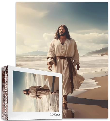 1000 Piece Jesus Walking Along a Beach Jigsaw Puzzles for Adults Christ Savior Puzzles Arts Religion Style Puzzle Challenging Family Activity Games DIY Craft Puzzle for Home Decor Gifts 27×20 Inches