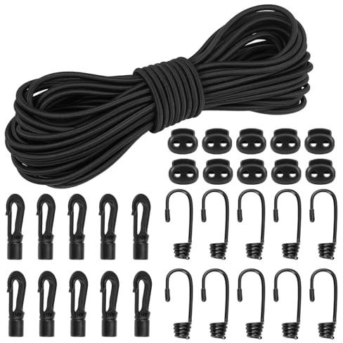 Cuerda Elástica 5mm 15m Impermeable y Resistente al Desgaste Cuerda de Goma Negro con 10 Ganchos en Espiral, 10 Ganchos de Plástico, 10 Tapones de Cuerda para Lona de Remolque, Camping, Barco