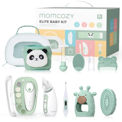 Momcozy Elite Baby Kit, Superior Gift Set for Grooming & Health & Cleansing, Include Electric Nail File&Nasal Aspirator, Heated Tummy Wrap,Thermometer,Bath Brush,Teether,Medicine Pacifier,Storage Case