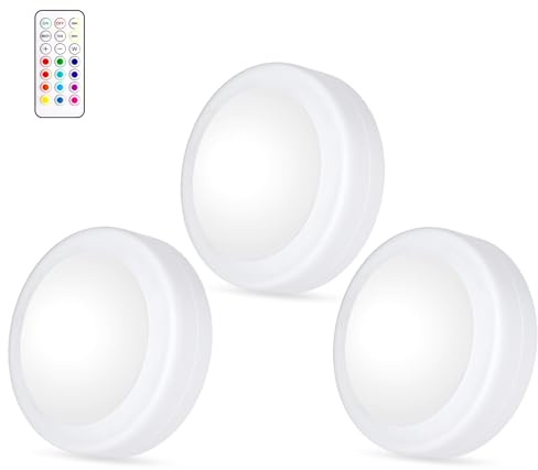Yiliaw LED Puck-Lichter mit Fernbedienung,AA-Batteriebetriebene Lichter,12 Farben Schrankbeleuchtung,Unterbauleuchten,Drucklichter,Unterschrankbeleuchtung für die Küche,3er-Pack,Weiß-magnetische