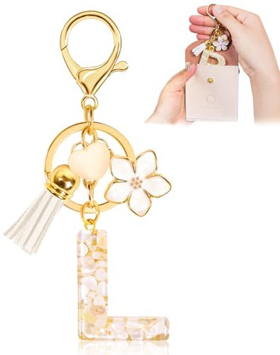 Fengguock Schlüsselanhänger Schlüssel Buchstabe Anhänger Schlüsselanhänger mit Anfangsbuchstaben Herzförmig Mädchen Keychain mit Blume Geschenk für Mädchen-L