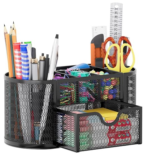 Solinxe Schreibtisch Organizer, Metall Stifte Organizer mit Schublade, Multifunktionaler 8 Fächer Stiftehalter für Büro, Kinder, Schminktisch (Schwarz)