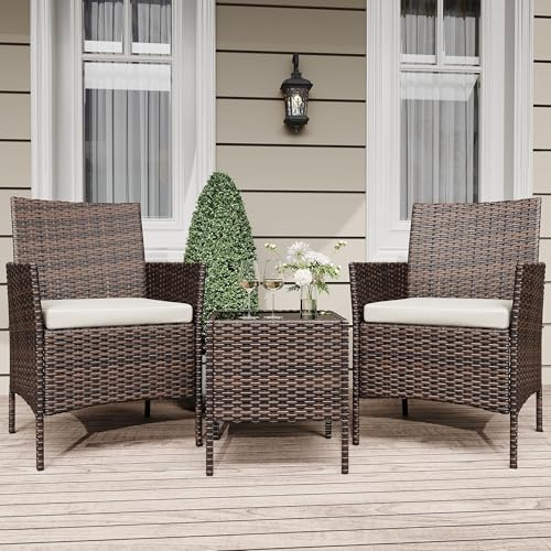 Rattan Gartenmöbel Set, Balkonmöbel Set mit Wetterfeste Gartentisch und 2 Stühlen, Balkon Sessel Set Lounge Gartenmöbel Garten Sitzgruppe Gartengarnitur Patio Furniture 3 Teiliges (Braun)
