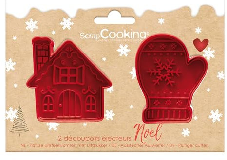 ScrapCooking - 2 Ausstecher mit Auswerfer Weihnachten – Fäustling & Haus – Keksausstecher in 3D – Präger zum Backen für Sandwiches, kleine Kuchen – Rot – 2147