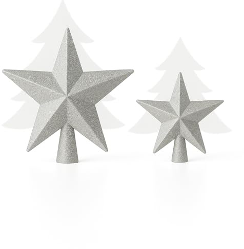 AMLOOPH Christmas Tree Topper, 2 Pack Glitter Silver Christmas Tree Star Decorations - 15cm & 10cm Sparkle Xmas Star Tree Topper for Traditional Silver Christmas Decorations