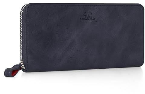 BROWN BEAR Geldbörse lang Leder Reißverschluss mit Münzfach - BB Conny BU | Echtleder Blau Vintage Portemonnaie RFID-Schutz für Damen & Herren Portmonee groß viele Fächer Unisex Geldbeutel
